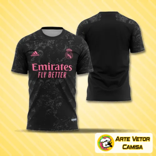 Imagem da camisa do Real Madrid com logo no peito e estampa grande nas costas, exibindo design moderno e cores vibrantes que chamam a atenção em qualquer ocasião.