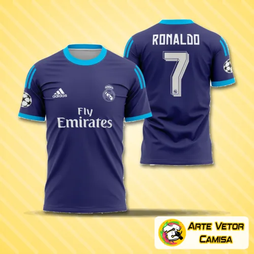 Foto da camisa alternativa do Real Madrid 2015-2016, destacando o logo no peito e uma estampa grande nas costas com design marcante e elegante, capturando a essência do time.