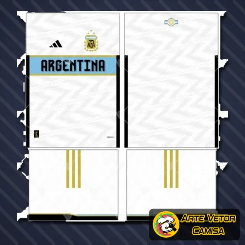 Foto da camisa Argentina com logo no peito e estampa grande nas costas, trazendo design clássico e elegante, ideal para quem valoriza estilo e paixão pelo futebol.