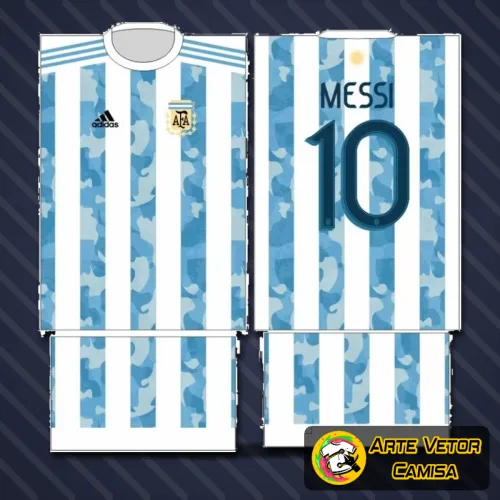 Camisa Argentina com logo no peito e estampa grande nas costas, exibindo design moderno e vibrante que destaca a paixão pela seleção argentina com cores e formas marcantes.
