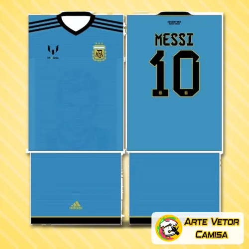 Imagem da camisa Argentina com logo no peito e estampa grande nas costas em destaque, mostrando detalhes modernos e cores vibrantes inspiradas no estilo do time argentino.