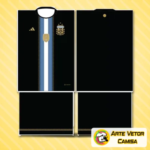 Foto da camisa Argentina com logo no peito e uma estampa grande nas costas, mostrando um design moderno e vibrante que destaca os detalhes da camisa de forma elegante e esportiva.