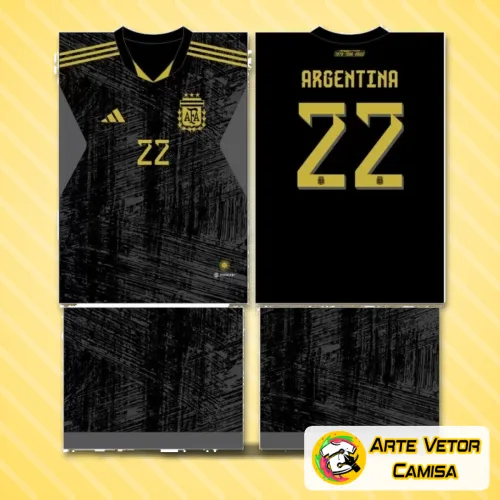 Camisa Argentina com logo no peito e estampa grande nas costas, exibindo design marcante e detalhes vibrantes que destacam a identidade do time de forma elegante e moderna.