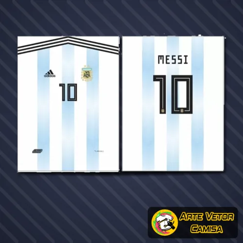 Foto de camisa com logo no peito e estampa grande nas costas que remete ao estilo da Argentina, com design moderno e linhas marcantes destacando as cores tradicionais