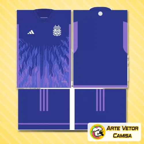 Camisa com logo no peito e estampa grande nas costas inspirada na Argentina, destacando design exclusivo e vibrante em azul e branco.