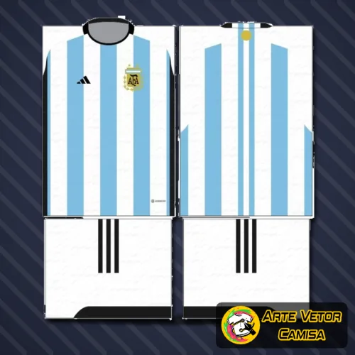 Camisa Argentina com logo no peito e estampa grande nas costas, em estilo moderno e vibrante com tons de azul e branco, ideal para torcedores e amantes da cultura argentina.
