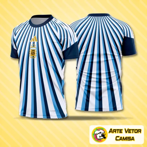 Imagem da camisa Argentina pré-jogo com logo no peito e estampa grande nas costas destacando detalhes modernos e design esportivo na cor azul e branca.