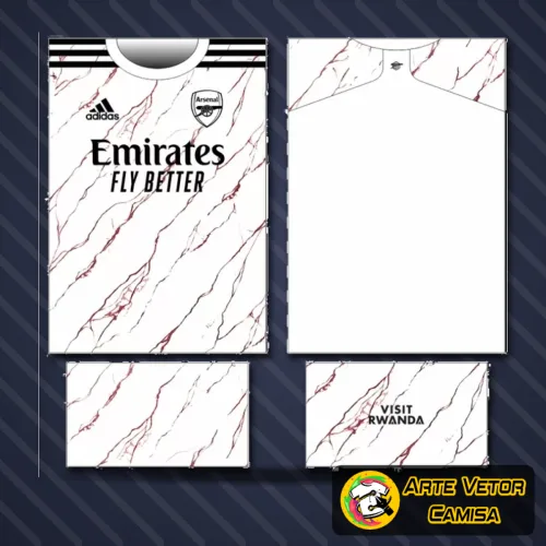 Camisa com logo no peito e estampa grande nas costas, exibindo design inspirado no estilo Arsenal, cores vibrantes e detalhes que realçam a identidade do time de futebol inglês.