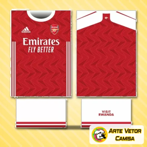Camisa com logo no peito e estampa grande nas costas, inspirada no estilo do Arsenal, destacando detalhes modernos e visual esportivo para apaixonados pelo futebol.