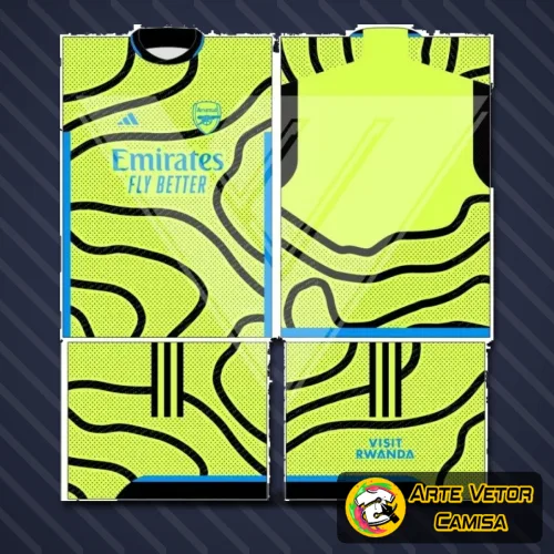 Imagem da camisa Arsenal com logo no peito destacado e estampa grande nas costas, apresentando design vibrante e detalhes precisos que realçam a identidade do time em cores vivas.