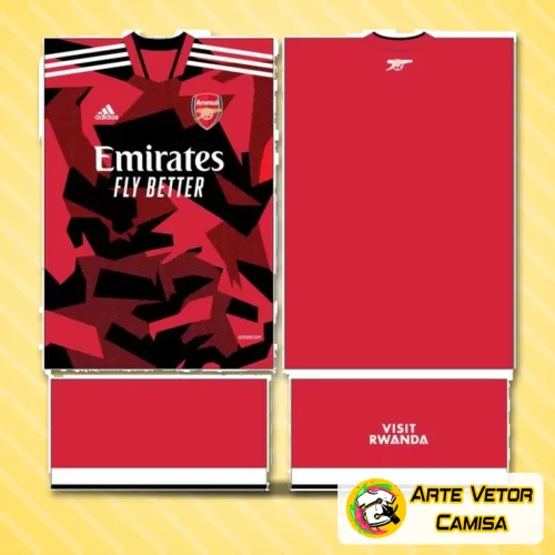Camisa com logo no peito em destaque e estampa grande nas costas que mostra detalhes vibrantes inspirados no Arsenal, mostrando estilo único e apaixonado pelo time.