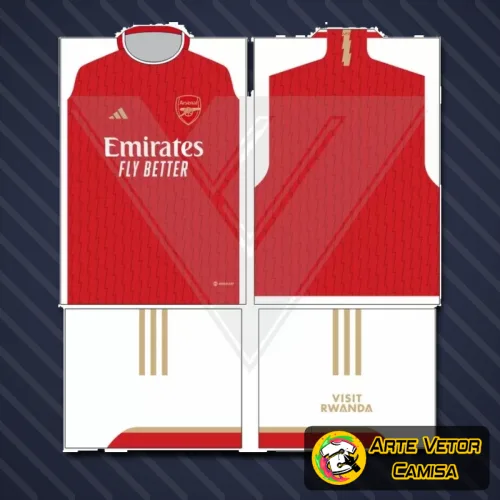 Foto da camisa com o logo do Arsenal no peito e uma estampa grande nas costas destacando os elementos clássicos do clube, em cores vibrantes que simbolizam paixão e tradição.