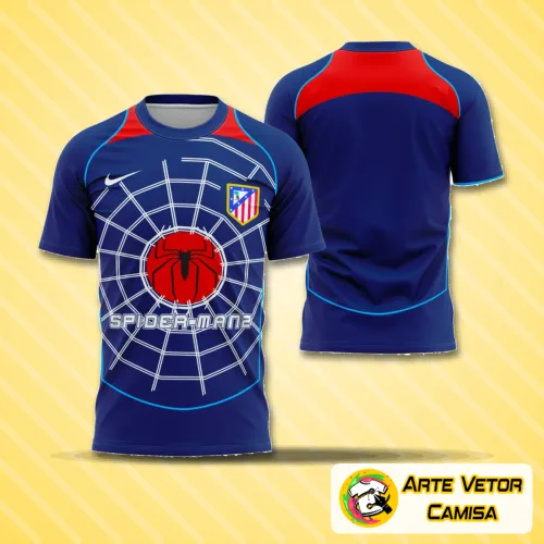 Foto da camisa do Atlético de Madrid com logo no peito e estampa grande nas costas inspirada no Homem-Aranha da temporada 2004-2005, destacando cores vibrantes e design icônico