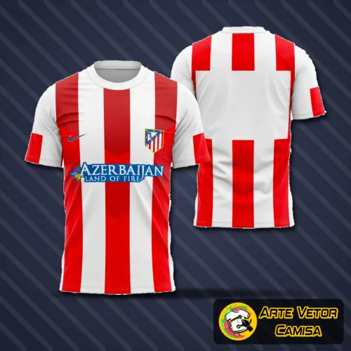 Camisa do Atlético de Madrid 2014-2015 vista frontal com logo no peito destacado e estampa grande nas costas, representando o estilo tradicional do time espanhol com faixas vermelhas e brancas.