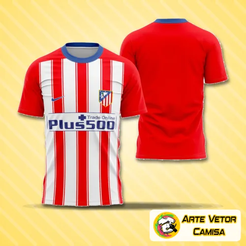 Foto da camisa Atlético De Madrid 2015-2016 com logo no peito e estampa grande nas costas, exibindo design clássico em vermelho e branco com detalhes vibrantes e acabamento impecável.
