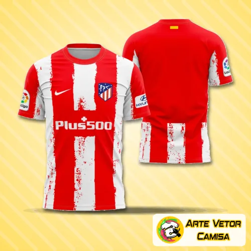 Imagem da camisa Atlético De Madrid 2021-2022 exibindo o logo no peito e uma estampa grande nas costas, com design vibrante e cores emblemáticas do clube.
