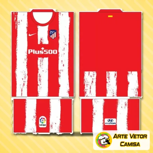 Camisa branca e vermelha com logo no peito do Atlético de Madrid e estampa grande nas costas em padrão moderno que destaca o design inovador e estilizado do clube para 2024.