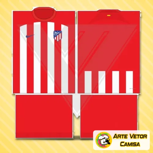 Imagem da camisa Atlético de Madrid com logo no peito e estampa grande nas costas, apresentando um design moderno e cores vibrantes que destacam a identidade do clube na temporada 2024.