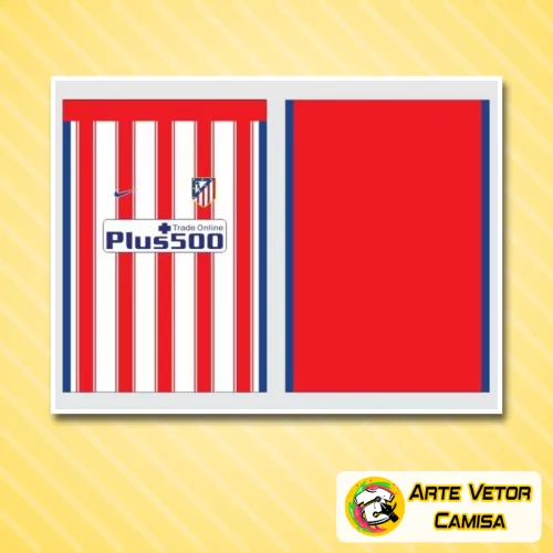 Camisa Atlético de Madrid com logo no peito e estampa grande nas costas, destacando design moderno e esquemas de cores vibrantes em vermelho e branco em estilo esportivo.