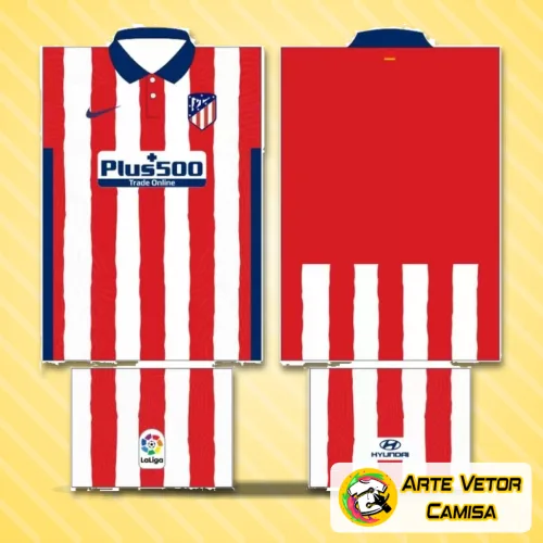 Camisa Atlético de Madrid com logo no peito e uma estampa grande nas costas destacando o design exclusivo e moderno para o ano de 2024 em um visual vibrante e cheio de personalidade.