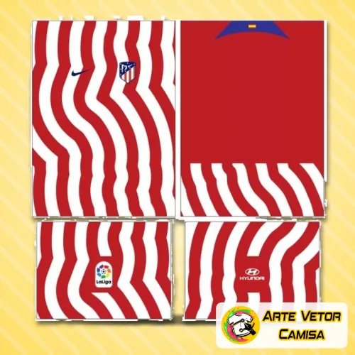 Imagem da camisa do Atlético de Madrid 2024 com destaque para o logo no peito e a estampa grande nas costas, apresentando cores vibrantes e design moderno que transmite energia e paixão pelo clube.