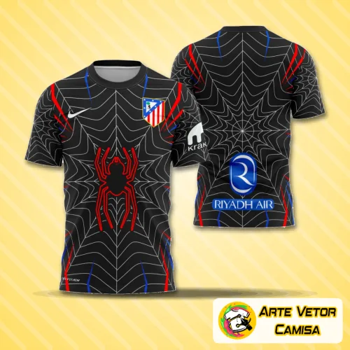 Foto da camisa Atlético De Madrid 2026 com logo no peito e estampa grande nas costas, apresentando design moderno e cores vibrantes que destacam o estilo único do clube.