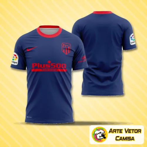 Camisa Atlético De Madrid estilo away 2020-2021 com logo no peito e estampa grande nas costas em design vibrante e detalhado, perfeita para fãs celebrarem o time com estilo autêntico.