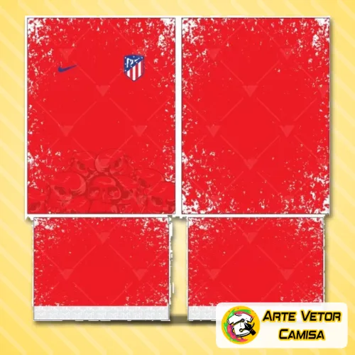 Imagem da camisa final do Atlético de Madrid com logo no peito e uma estampa grande nas costas, destacando design moderno e cores vibrantes. Camisa estilo conceito 2024 com detalhes que evidenciam sua identidade e personalidade no visual.