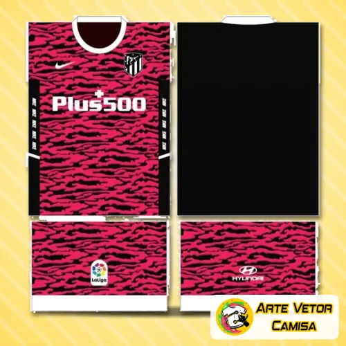 Imagem da camisa Atlético de Madrid com logo no peito e estampa grande nas costas, em design moderno e cores vibrantes, destacando o estilo único e marcante do time para 2024.