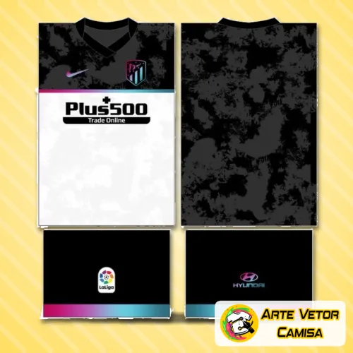 Camisa Atlético de Madrid com logo no peito vibrante e estampa grande nas costas que destaca o design moderno do time para a temporada 2024, cores intensas e acabamento detalhado.