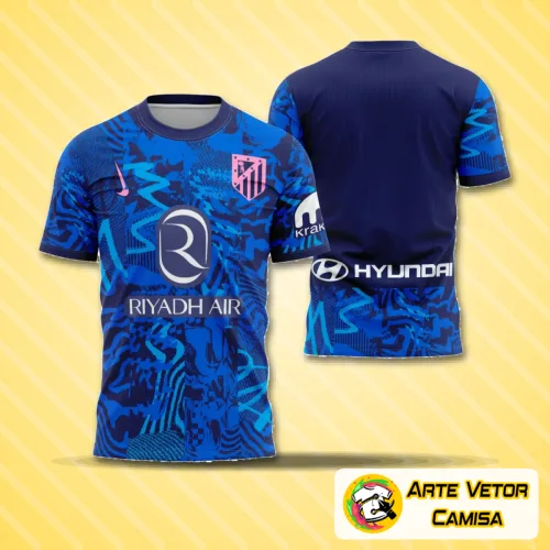 Camisa do Atlético de Madrid com logo no peito e estampa grande nas costas exibindo design alternativo para 2024-2025, com cores vibrantes e detalhes modernos que valorizam o visual torcedor.