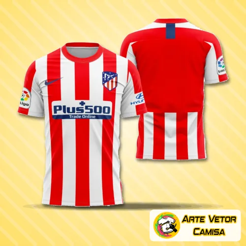 Foto da camisa Atlético De Madrid Home 2019-20 com logo no peito e estampa grande nas costas, exibindo detalhes vibrantes e design marcante em vermelho e branco