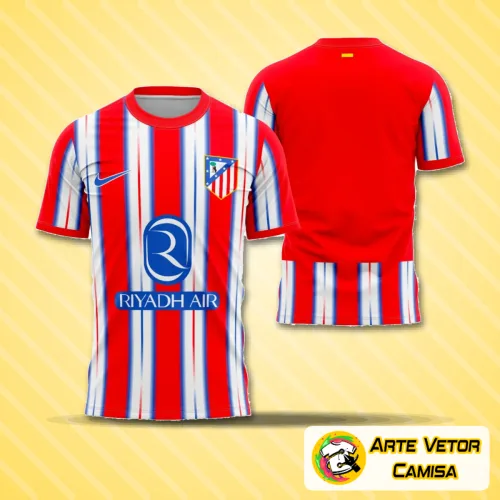 Camisa Atlético de Madrid com logo no peito e estampa grande nas costas, destacando as cores tradicionais em vermelho e branco para a temporada 2024-2025, visual moderno e vibrante.
