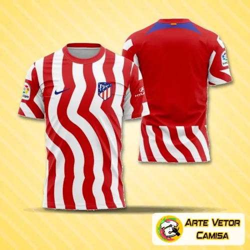 Imagem da camisa Atlético De Madrid Home 22-23 com logo no peito e estampa grande nas costas, destacando as cores vibrantes e design moderno do uniforme oficial do time