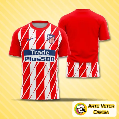 Camisa do Atlético De Madrid com logo no peito e estampa grande nas costas exibindo cores vibrantes e design clássico da temporada 2017-2018, ideal para apaixonados pelo clube