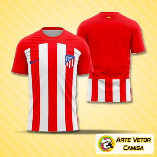 Camisa do Atlético de Madrid 2023-2024 com logo no peito e estampa grande nas costas, apresentando design clássico e vibrante que destaca as cores tradicionais do clube