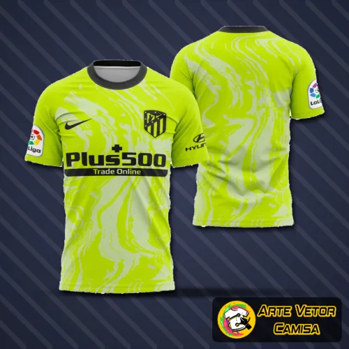 Camisa Atlético De Madrid Third 2020-21 com logo no peito e estampa grande nas costas, apresentando design vibrante e detalhes dinâmicos que destacam a paixão pelo clube