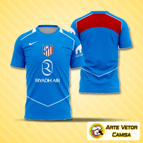 Camisa Atlético De Madrid com logo no peito e estampa grande nas costas, exibindo design moderno e cores vibrantes, perfeita para fãs do clube que valorizam estilo e autenticidade nas roupas esportivas.