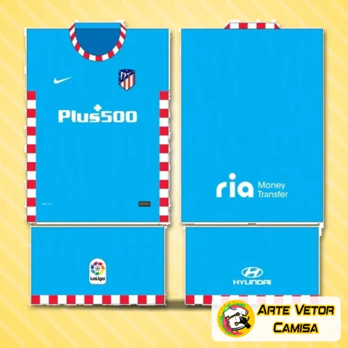 Camisa final com design moderno do Atlético Madrid, exibindo o logo no peito e uma estampa grande nas costas, destacando as cores tradicionais do clube com estilo e personalidade marcante.