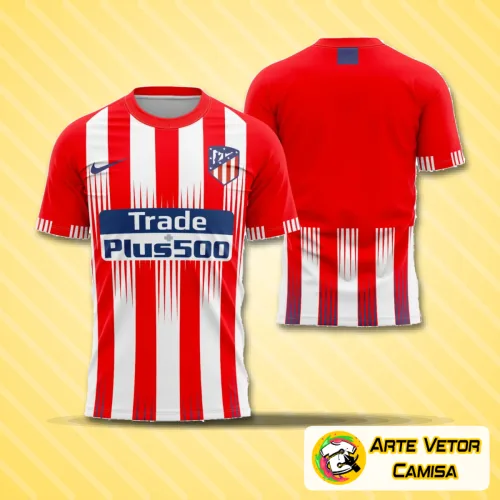 Camisa do Atlético Madrid temporada 2018-2019 com logo no peito e estampa grande nas costas exibindo listras vermelhas e brancas marcantes, perfeita para fãs do clube que querem um visual autêntico e vibrante