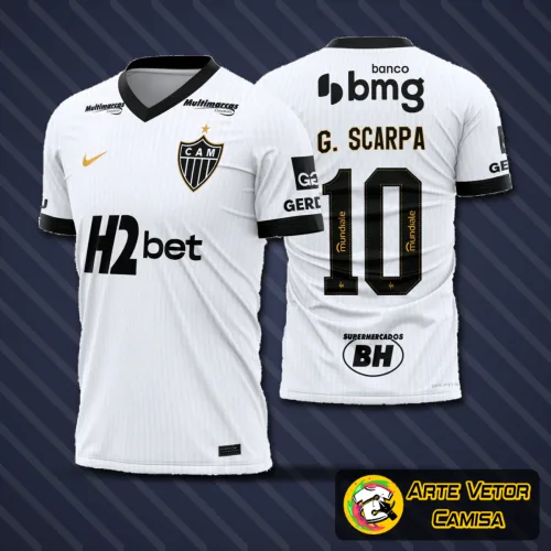 Camisa Atlético Mineiro com logo no peito destacado e estampa grande nas costas, com design moderno e cores vibrantes que representam a paixão pelo clube.