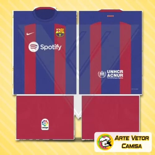 Camisa com logo no peito vibrante em destaque e estampa grande nas costas, mostrando o estilo icônico do time Barcelona com cores marcantes e design moderno para fãs e apaixonados.