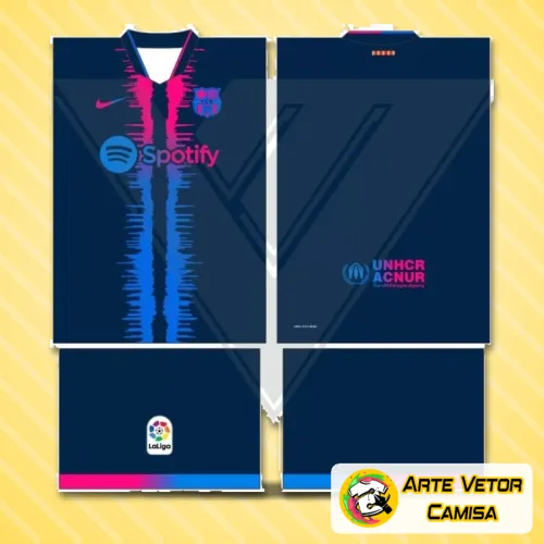 Camisa Barcelona com logo no peito detalhado e estampa grande nas costas em estilo vibrante, destacando cores marcantes e acabamento moderno para um visual autêntico e esportivo.