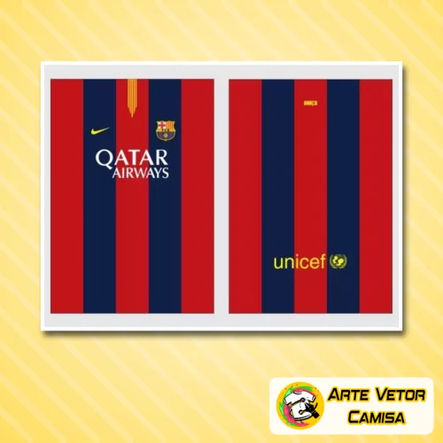 Camisa com logo no peito e estampa grande nas costas destacando as cores e símbolos icônicos do Barcelona, com design vibrante e moderno perfeito para os fãs do time.