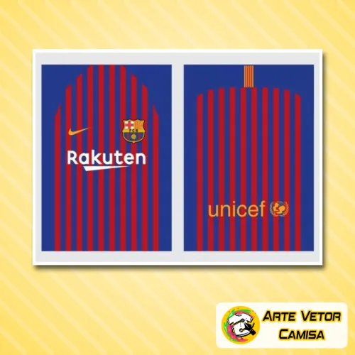 Imagem da camisa com logo no peito e estampa grande nas costas exibindo design inspirado no time Barcelona, com cores vibrantes que destacam o estilo do uniforme em uma peça moderna e impactante.