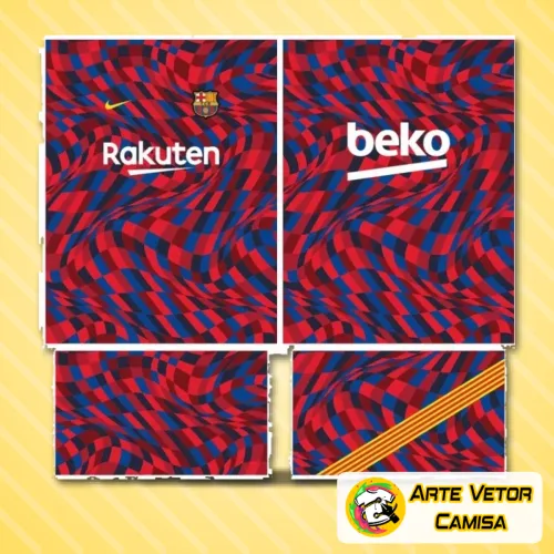 Camisa com logo no peito e estampa grande nas costas, inspirada no estilo do Barcelona, exibindo cores vibrantes e design moderno que destaca a paixão pelo futebol.