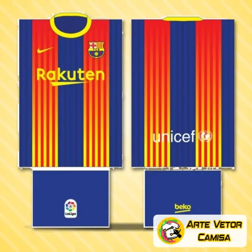 Camisa com o logo no peito e uma estampa grande nas costas inspirada no estilo Barcelona, exibindo cores vibrantes e design moderno que destaca a paixão pelo futebol.