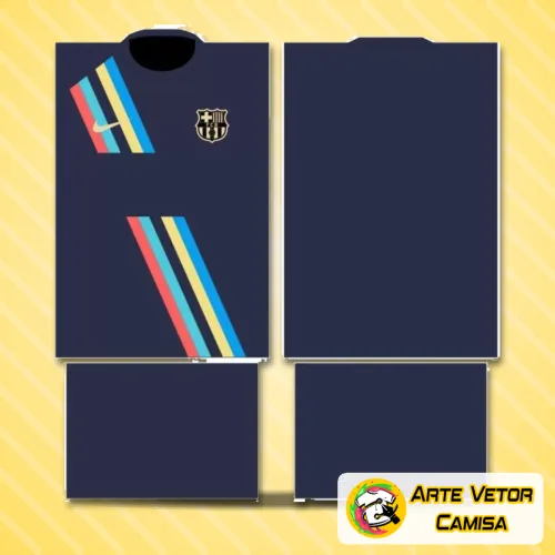 Camisa com logo no peito e estampa grande nas costas, mostrando design inspirado no estilo do Barcelona 2020, em cores vibrantes e acabamento moderno, criando um visual esportivo marcante.