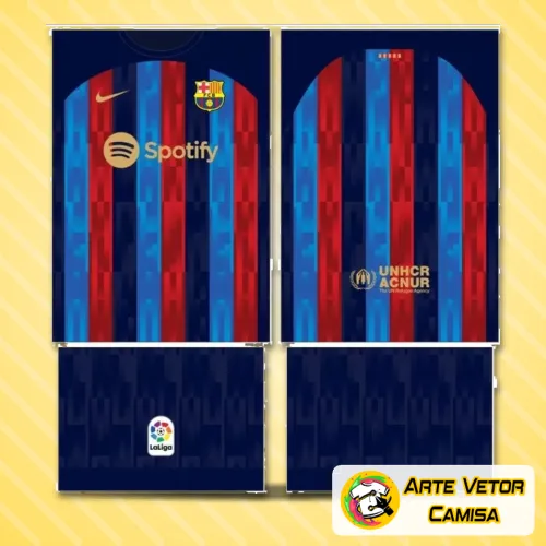 Imagem da camisa do Barcelona com logo no peito e uma estampa grande nas costas que destaca o design futurista em vermelho, azul e amarelo vibrantes para um visual marcante e autêntico.