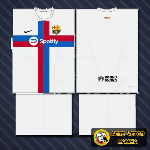 Camisa do time Barcelona com logo no peito e estampa grande nas costas destacando cores vibrantes e design moderno que remete à tradição do clube.